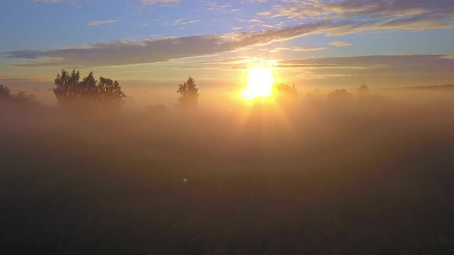 Beautiful aerial shot of thick layer of fog on fields during sunrise with expanse and endless skyline