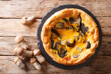 Chicago style pizza with forest mushrooms, cheddar cheese, chicken and cream close-up. Horizontal...