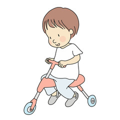 Vector illustration of little toddler riding a tricycle. Early childhood development activity, education, leaning, child playing - bike, bicycle concept. Cartoon character drawing. Isolated on white.