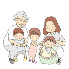 Vector illustration of father, mother and three little kids, one in dad arm, one standing, one sitting in toy bag. Family, parenthood, early childhood development concept. Cartoon character drawing.