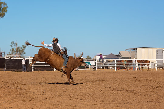 Cowboy Competing In A Bull Riding Event At A Country Rodeo