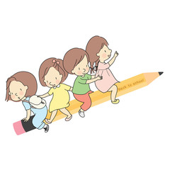 Vector illustration of little kids sitting together on yellow wooden pencil. Welcome back to school card, postcard, banner. Early childhood development, learning & education concept. Cartoon drawing.