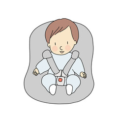 Vector illustration of little infant sitting in car seat. Baby safety concept. Cartoon character drawing style.