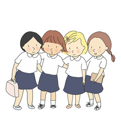 Vector illustration of students in school uniform standing together. Early childhood development, education & learning, back to school, friendship, international school concept. Cartoon drawing.