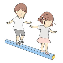Vector illustration of little kids, boy and girl, playing balance beam. Early childhood development activity, education and learning concept.