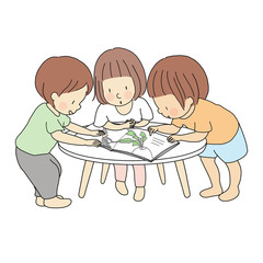 Vector illustration of little kids standing and reading story book together. Early childhood development activity, education and learning, friendship concept. Cartoon character drawing style.