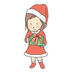 Vector illustration of little kid girl in red santa claus dress costume holding gift box for xmas celebration. Happy new year & merry christmas greeting card, holiday. Cartoon character drawing.