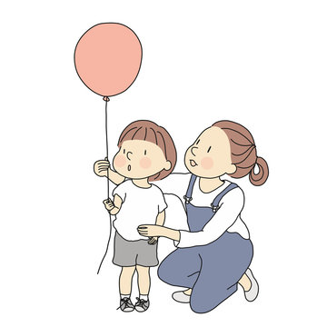 Vector illustration of mom and little kid with red balloon. Happy mother's day, happy children day, greeting card. Family, early childhood development, education and learning concept. Cartoon drawing.