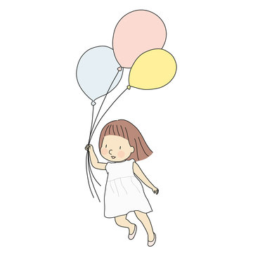 Vector illustration of little kid girl holding colorful balloons and flying with happiness. Happy children day greeting card concept. Cartoon character drawing style.