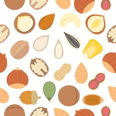 nut and seed such as pistachio, pumpkin seed, corn, pecan, walnut, almond seamless pattern for wallpaper or wrapping paper