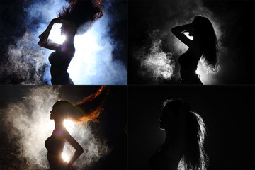 Collage Group of Pack Silhouette of Attractive Body Shape Fluttering Curl Hair in Smoke