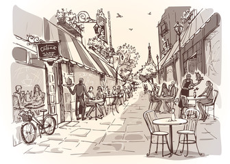 Street cafe in the city. Bicycle at the entrance to the cafe and people with cupe of coffee at the tables. Illustration in vintage style. Vector illustration