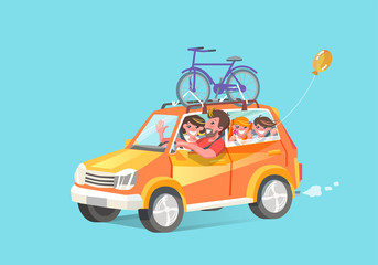 Family travels by car. Funny children with a balloon. Bicycle on the roof of the car. Vector illustration with blue background