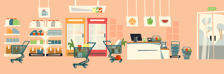 Supermarket interior. Shop food. Retail store illustration in flat style.