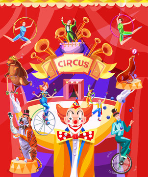 Circus poster with a conference. Illustration with the image of the arena of the circus, clowns, jugglers, acrobats and animals on a background of red wings. Vector illustration