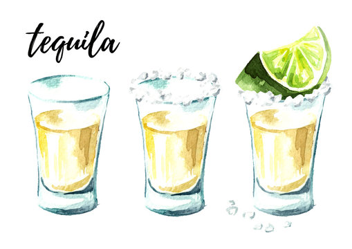 Serving tequila with salt and lime. Hand drawn watercolor illustration, isolated on white background