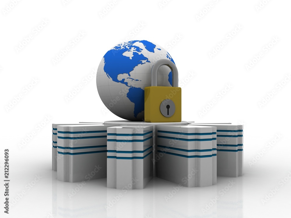 Poster 3d illustration database storage security concept. disk with lock