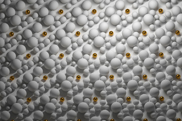 Repeating white and gold balls spheres pattern of various sizes. 3d illustration.