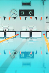 Swimming pool starting blocks and lanes