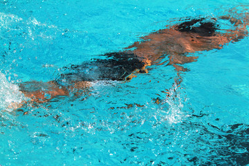 Young swimmer with black swimming cap swims breaststroke under water in the swimming pool for competition