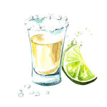 Tequila shot with lime and salt. Hand drawn watercolor  illustration isolated on white background