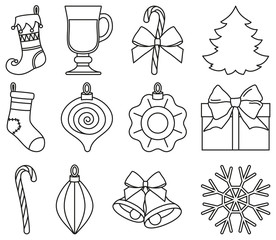 Line art black and white 12 xmas elements set