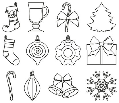 Line art black and white 12 xmas elements set