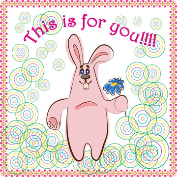 Postcard with pink hare with chamomile