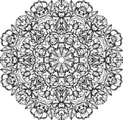Fototapeta premium Mandala,round pattern in vector,coloring books for children and adults, black and white,handmade, camellia, leaves, flowers, buds, pattern, branch with flowers ink, pen capillary.