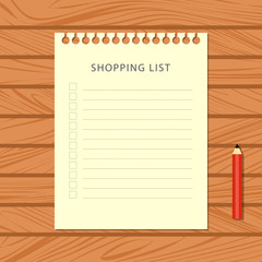 Flat shopping list and red pencil on wooden background. Stationery on wooden table, top view. Vector illustration.