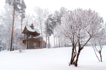 belfry A temple in the name of the most Holy Theotokos in winter fog eponymous mountain sunrise 2