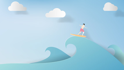 Surfer on surf board riding big wave in ocean, paper art/paper cutting style