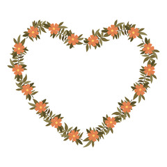 beautiful flower and leafs heart shaped frame vector illustration design