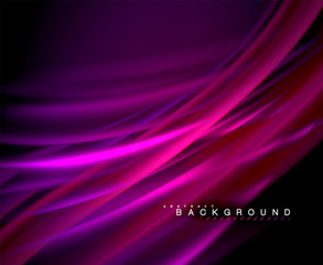 Neon glowing wave, magic energy and light motion background. Vector wallpaper template