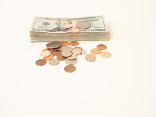 US Twenty Dollar Bills and Coins from Above