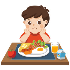 Concept of Health and growing children. Little boy unhappy to eat breakfast.