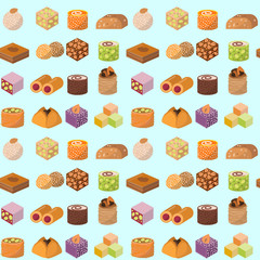 Sweets east delicious dessert food vector confectionery homemade assortment chocolate cake tasty bakery sweetness delights illustration seamless pattern background