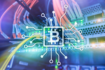 Bitcoin, Blockchain concept on server room background.
