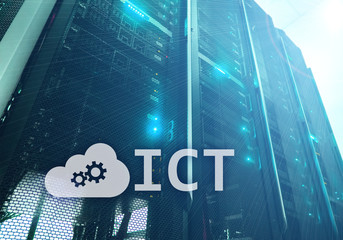 ICT - information and communications technology concept on server room background.