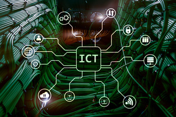 ICT - information and communications technology concept on server room background.