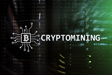 Cryptocurrency mining concept on server room background.