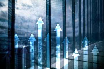 Up arrow graph on skyscraper background. Invesment and financial growth concept.