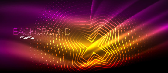 Neon glowing wave, magic energy and light motion background. Wallpaper template, hi-tech future concept