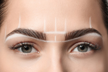 Young woman before procedure of eyebrows permanent makeup, closeup - obrazy, fototapety, plakaty