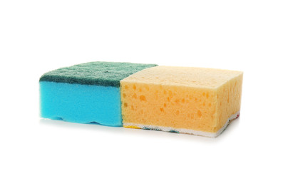 New sponges on white background. Cleaning supplies