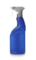 Spray bottle with detergent on white background. Cleaning supplies