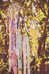 Dream catchers hanging on tree bush