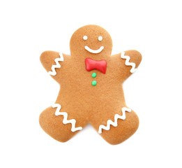 Tasty homemade Christmas cookie on white background
