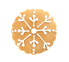 Tasty homemade Christmas cookie on white background