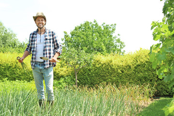 Man working in garden on sunny day